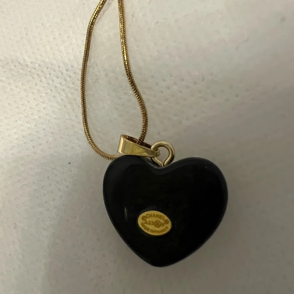 CHANEL Black Heart Pendant Necklace with Gold CC Emblem